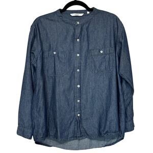 Omnes Cotton Button Up Denim Shirt Small Chambray Band Collar Relaxed Fit
